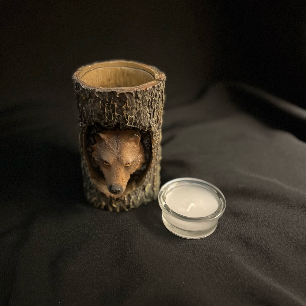 UNIQUE WOOD FOX HEAD CANDLE HOLDER
